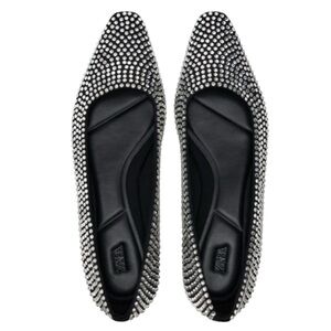 New Zara Black Embellished Ballet Flats Silver Studs Pointed Toe Cushion Sole